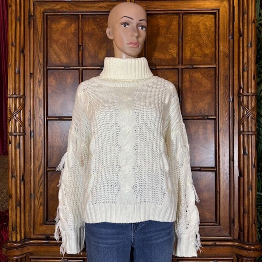 Connoto Ivory Cable Knit Fringe Sleeve Ribbed Turtleneck Sweater